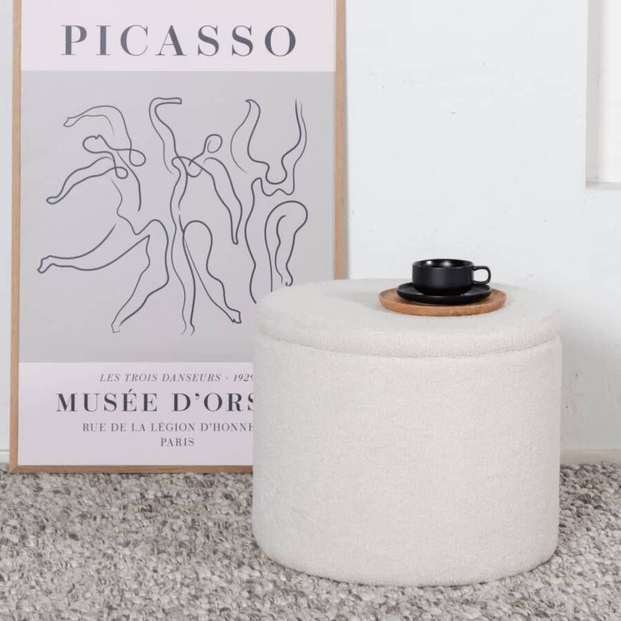 Hioshop Dunken Poef, Hocker Met Opbergruimte Ø51cm Teddystof Wit.