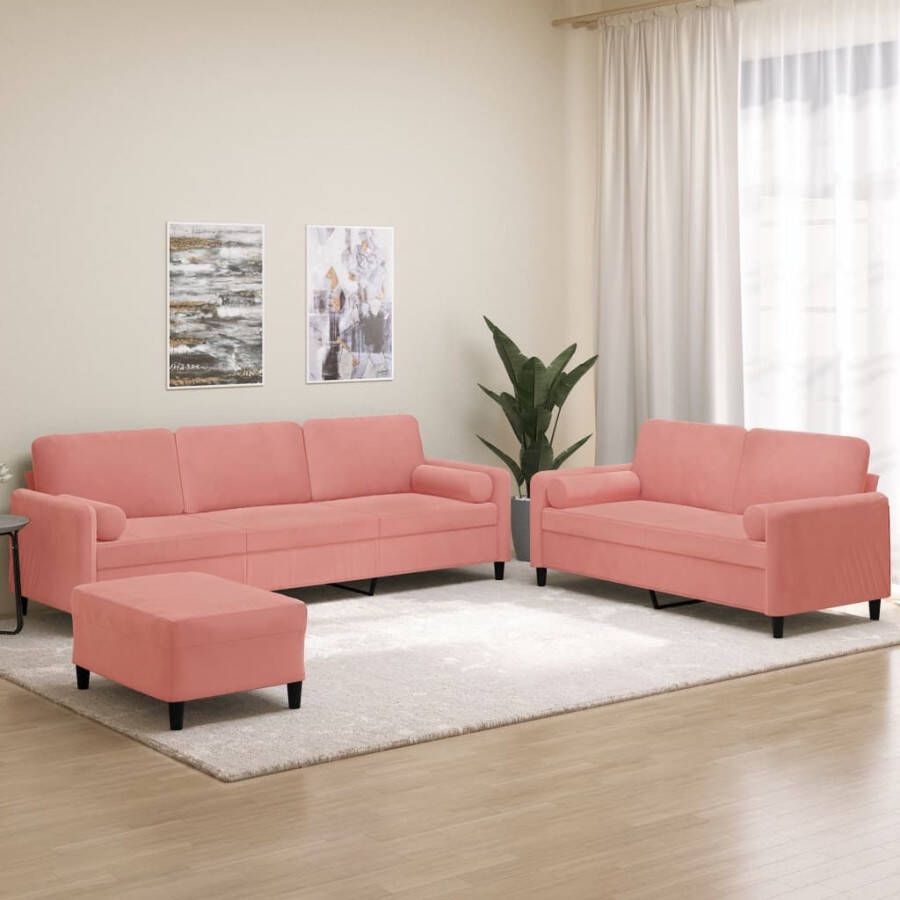 VIDAXL 3 delige Loungeset met sierkussens en kussens fluweel roze