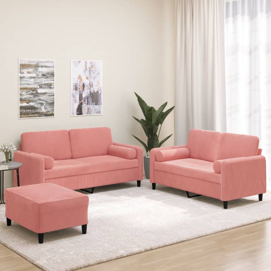 VIDAXL 3 delige Loungeset met sierkussens en kussens fluweel roze