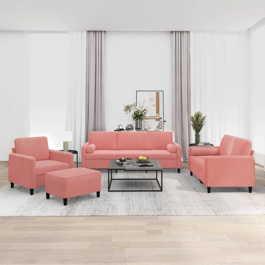 VIDAXL 4 delige Loungeset met sierkussens en kussens fluweel roze