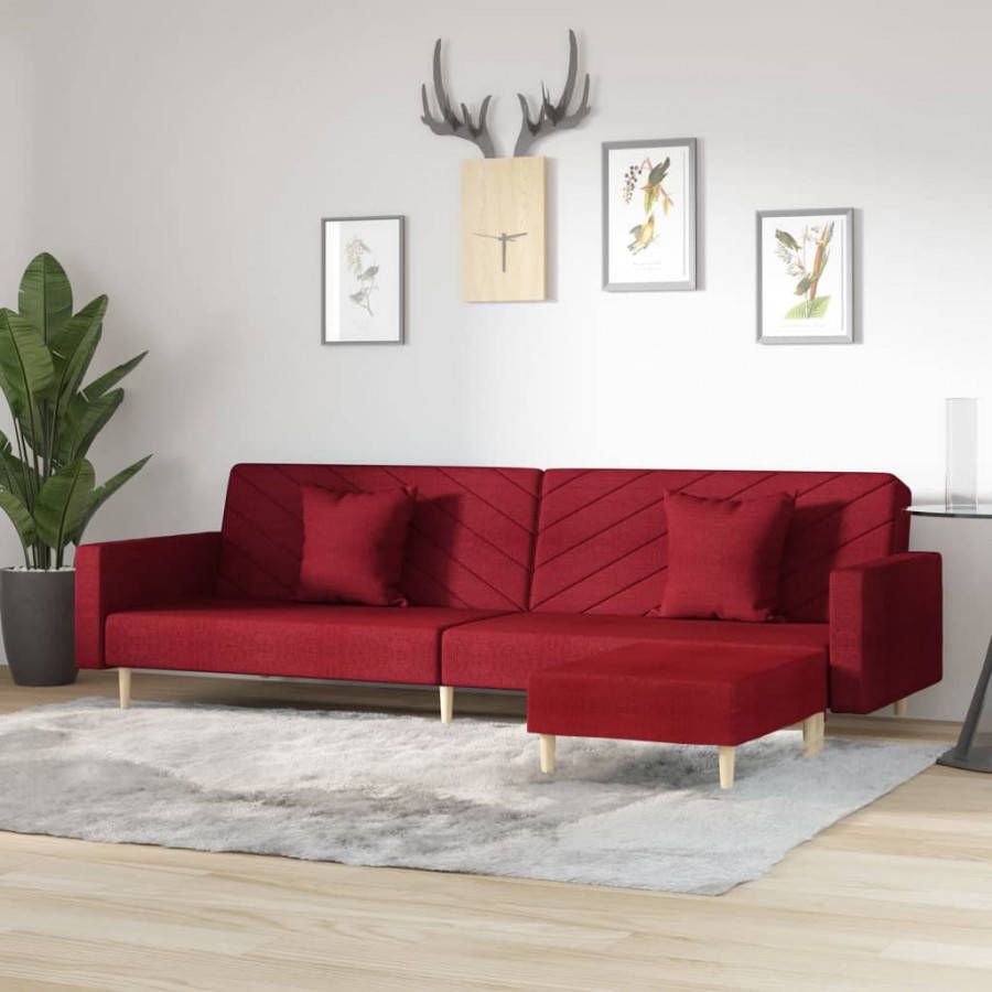 VIDAXL Slaapbank 2 zits met 2 kussens en voetenbank stof wijnrood