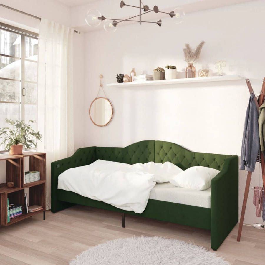 VIDAXL Slaapbank met matras en USB stof donkergroen 90x200 cm