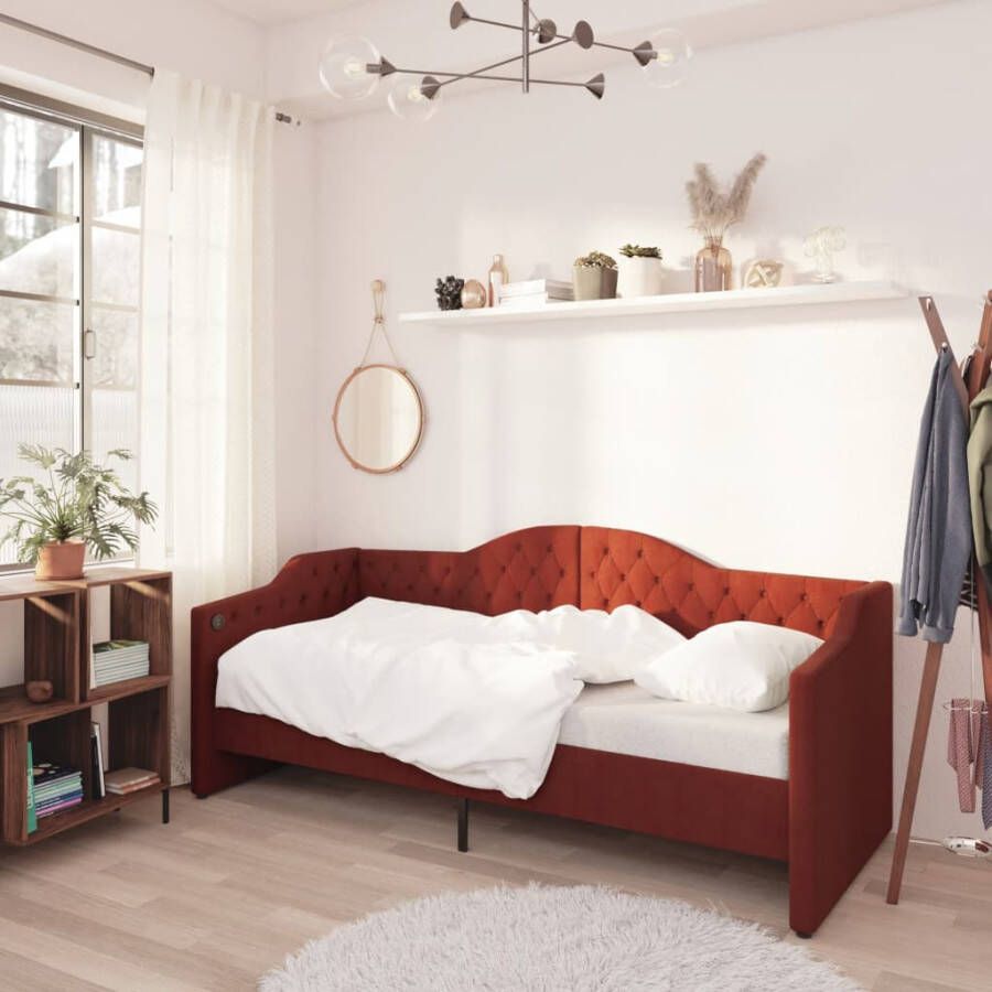 VIDAXL Slaapbank met matras en USB stof wijnrood 90x200 cm