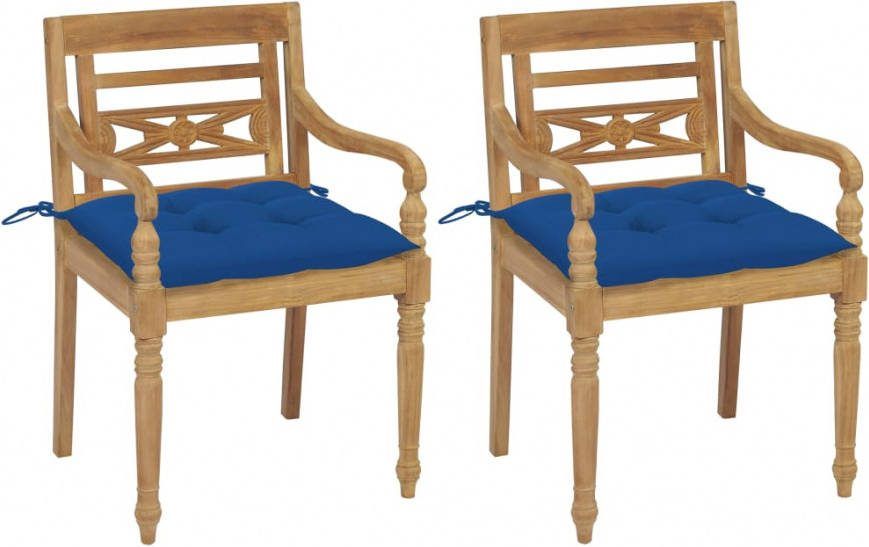 vidaXL Stoelen Batavia 2 st met blauwe kussens massief teakhout