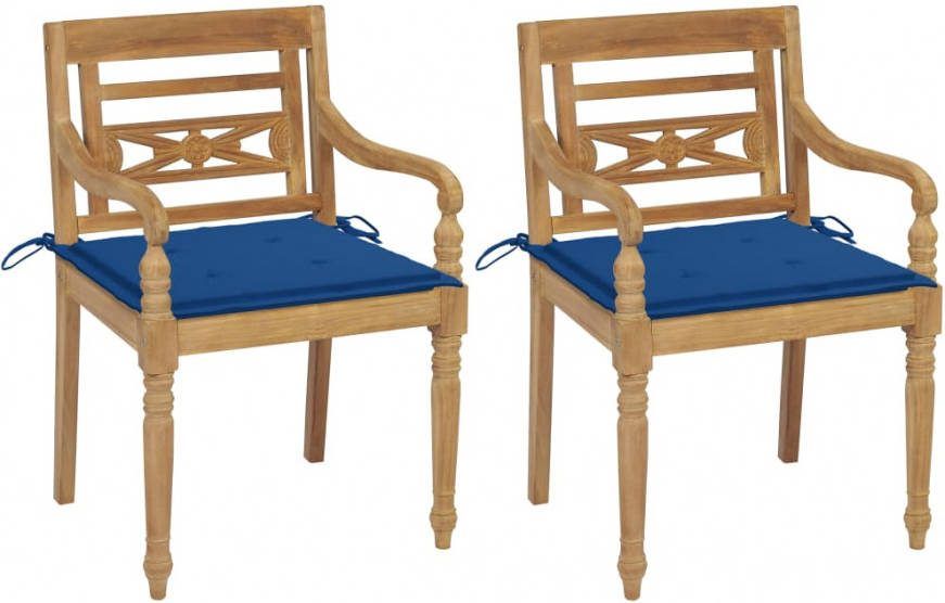 vidaXL Stoelen Batavia 2 st met koningsblauwe kussens massief teakhout