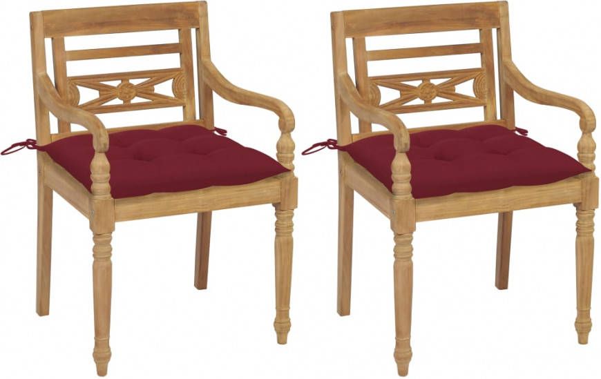 vidaXL Stoelen Batavia 2 st met wijnrode kussens massief teakhout