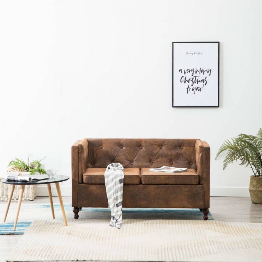 VIDAXL Tweezitsbank Chesterfield stijl suè, de look stoffen bekleding bruin