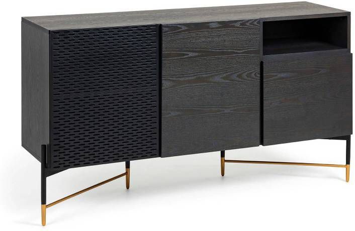 Kave Home Milian 3 deurs dressoir van essenhoutfineer met zwart &