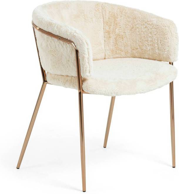 Kave Home Stoel Runnie met wit haar en stalen poten met koperen