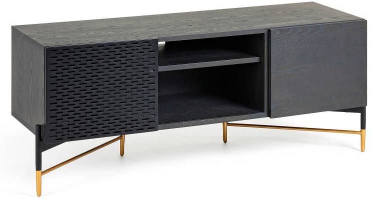 Kave Home Milian 2 deurs TV meubel van essenhoutfineer met zwart &